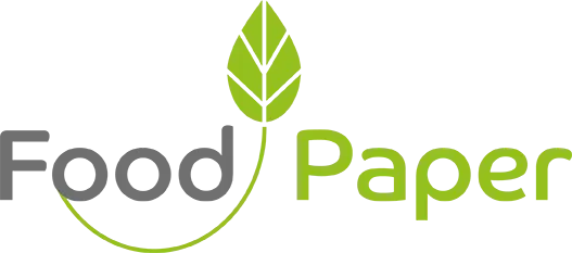 Food Paper brand logo featuring a green leaf and modern typography, symbolising eco-friendly coated paper solutions for food packaging and sustainability