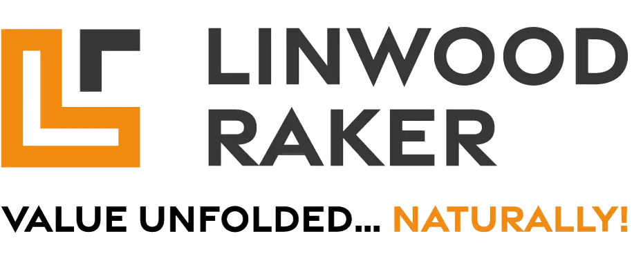 Linwood Raker brand logo in orange and grey with company tagline Value Unfolded… Naturally!