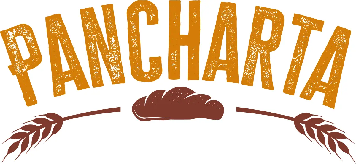 Pancharta bakery brand logo with rustic lettering, wheat stalks and bread illustration representing artisan baking products and essentials