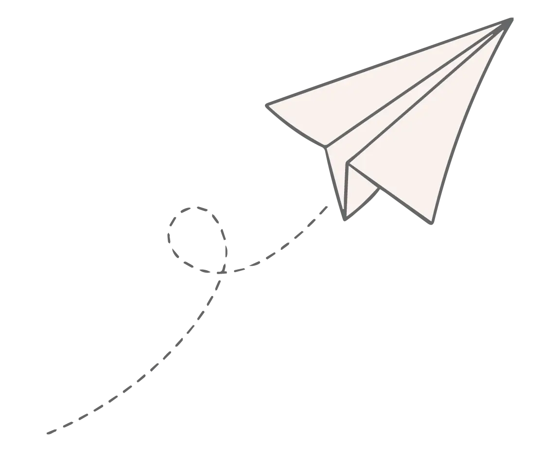 Minimalistic illustration of a paper plane with a dotted looping flight path on a transparent background, symbolising creativity, communication, and lightweight paper design
