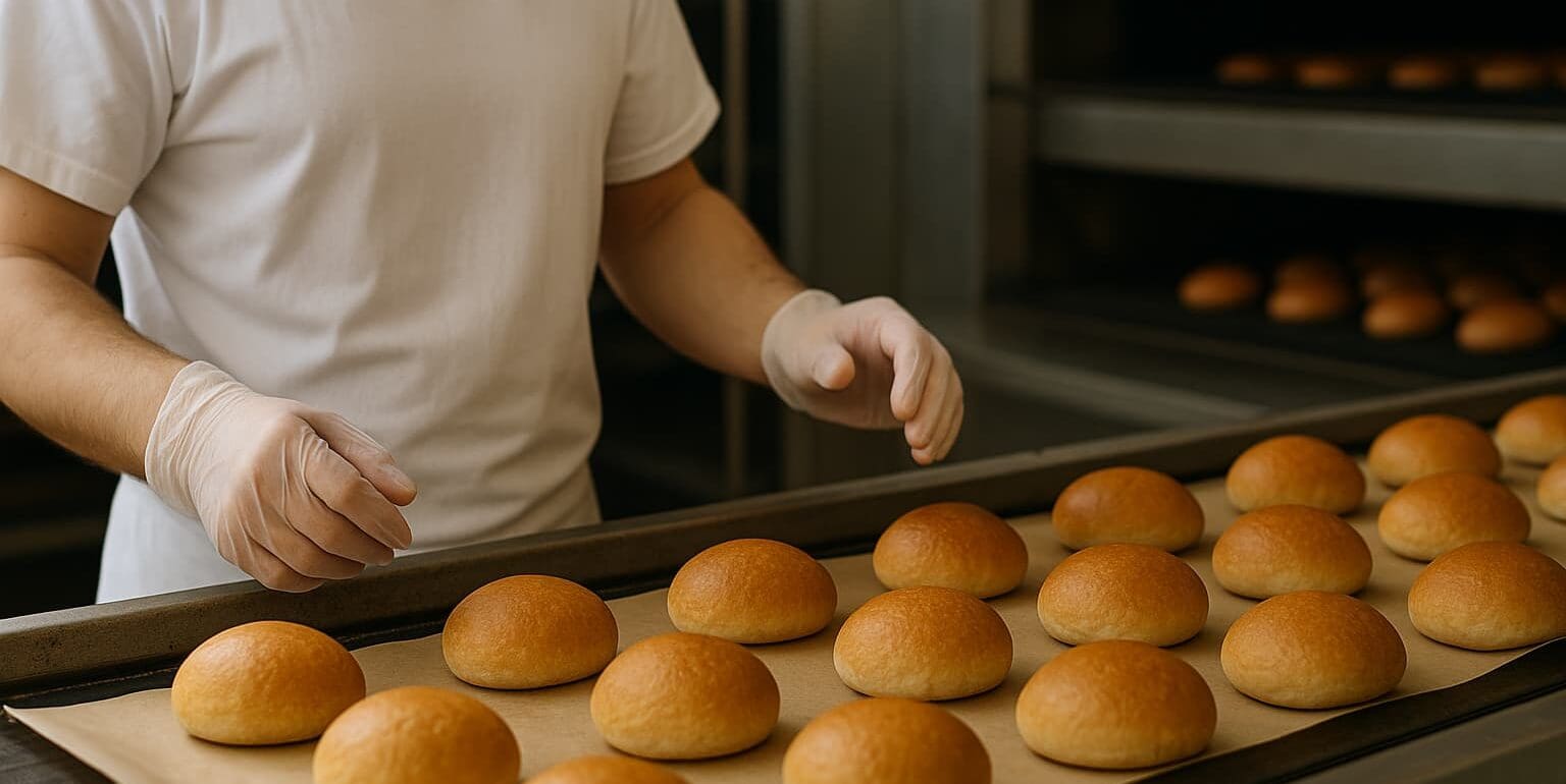 Baker in a UK commercial bakery checking freshly baked rolls on a silicone-coated release paper liner.