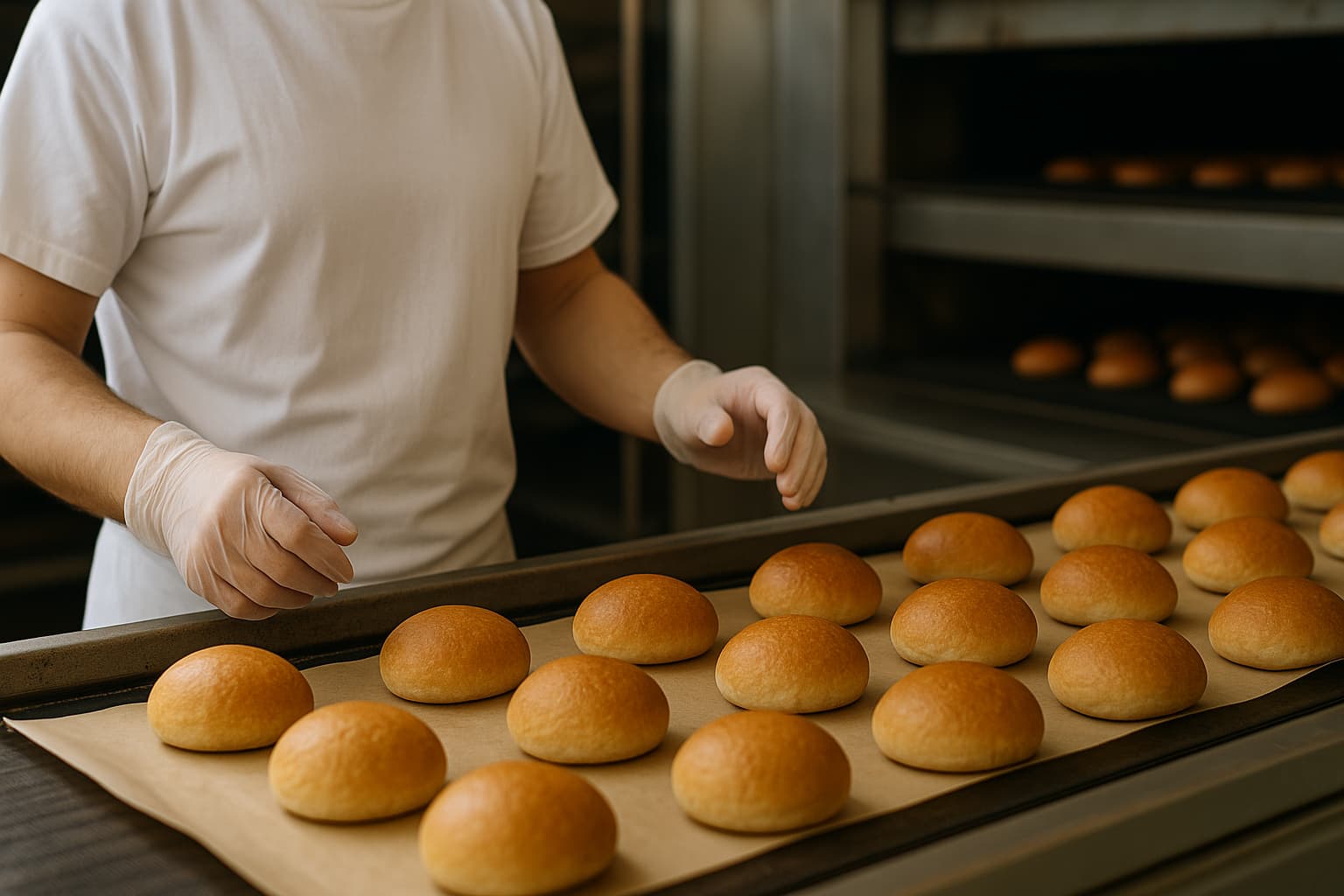Baker in a UK commercial bakery checking freshly baked rolls on a silicone-coated release paper liner.