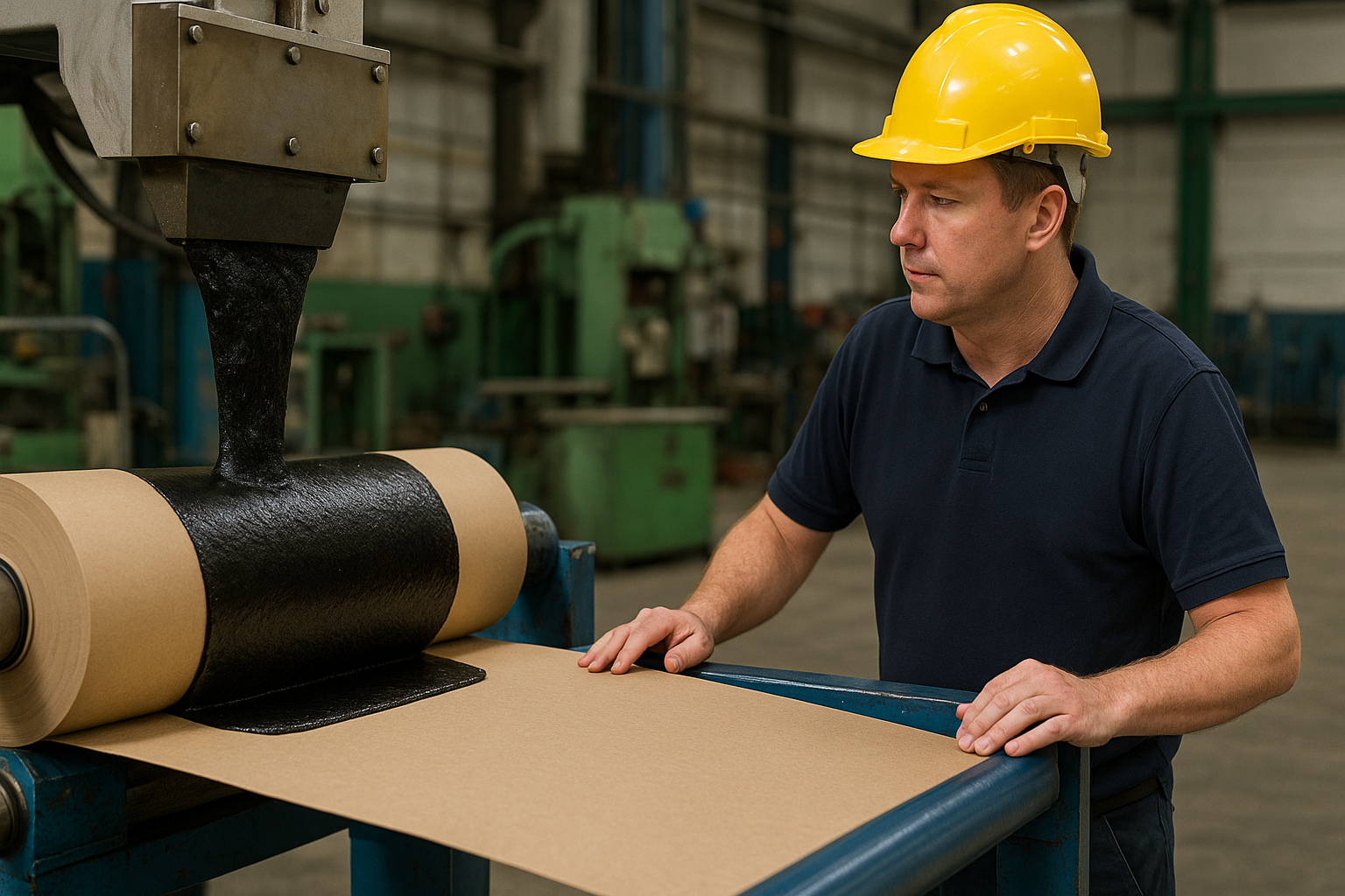 Engineer in a safety helmet monitoring the paper coating process at the Linwood Raker facility.