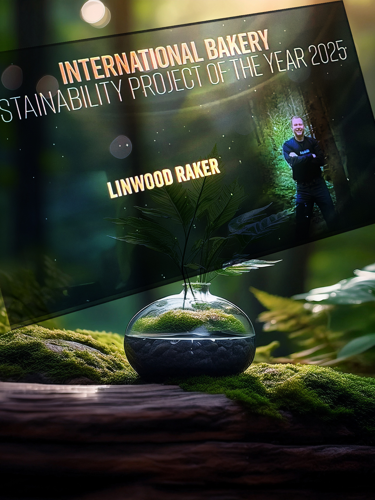 Sustainability award graphic for Linwood Raker displayed above a glass terrarium on a mossy forest log.