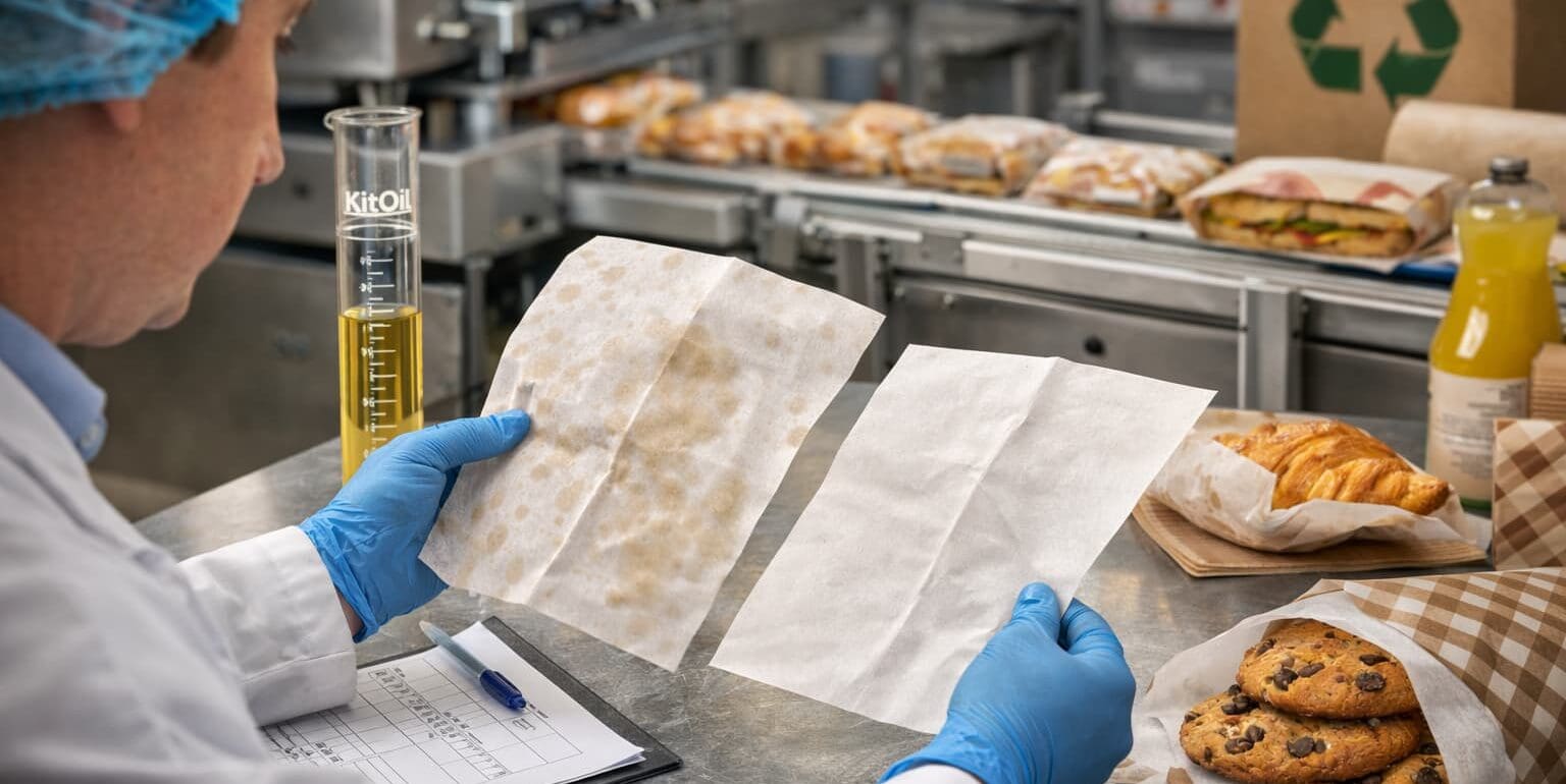 Packaging specialist testing grease-resistant food-safe paper on a commercial bakery production line.