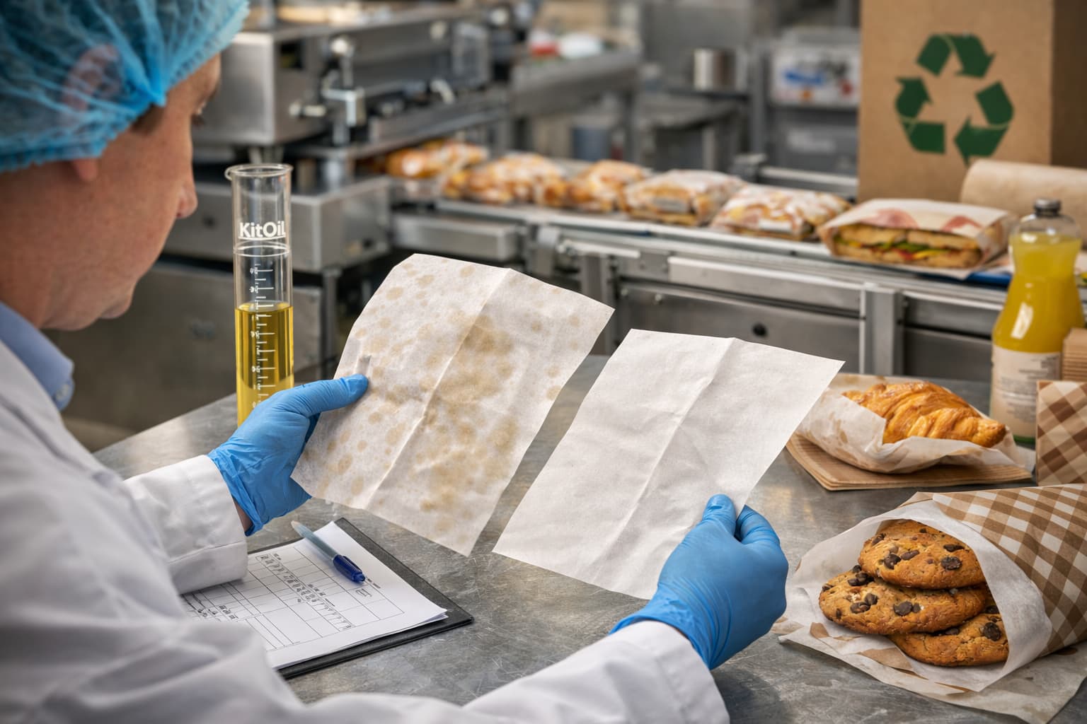 Packaging specialist testing grease-resistant food-safe paper on a commercial bakery production line.