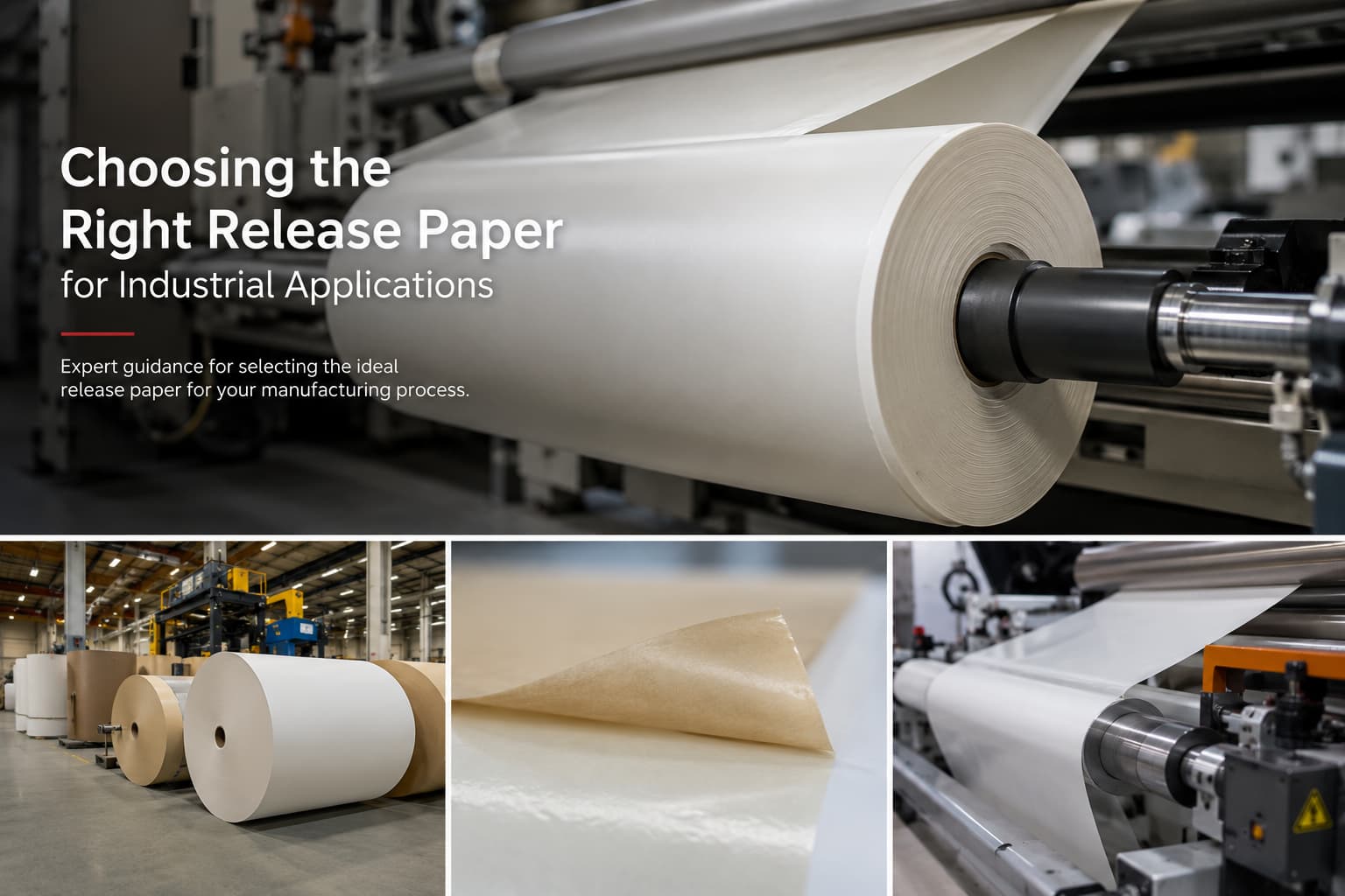 Industrial release paper manufacturing process with silicone-coated paper rolls and converting machinery at Linwood Raker.