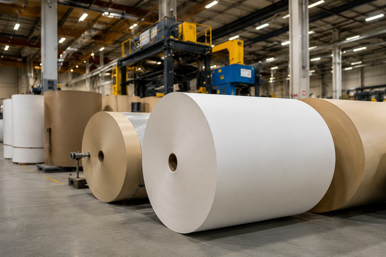 Large industrial paper rolls inside a release paper manufacturing facility at Linwood Raker.