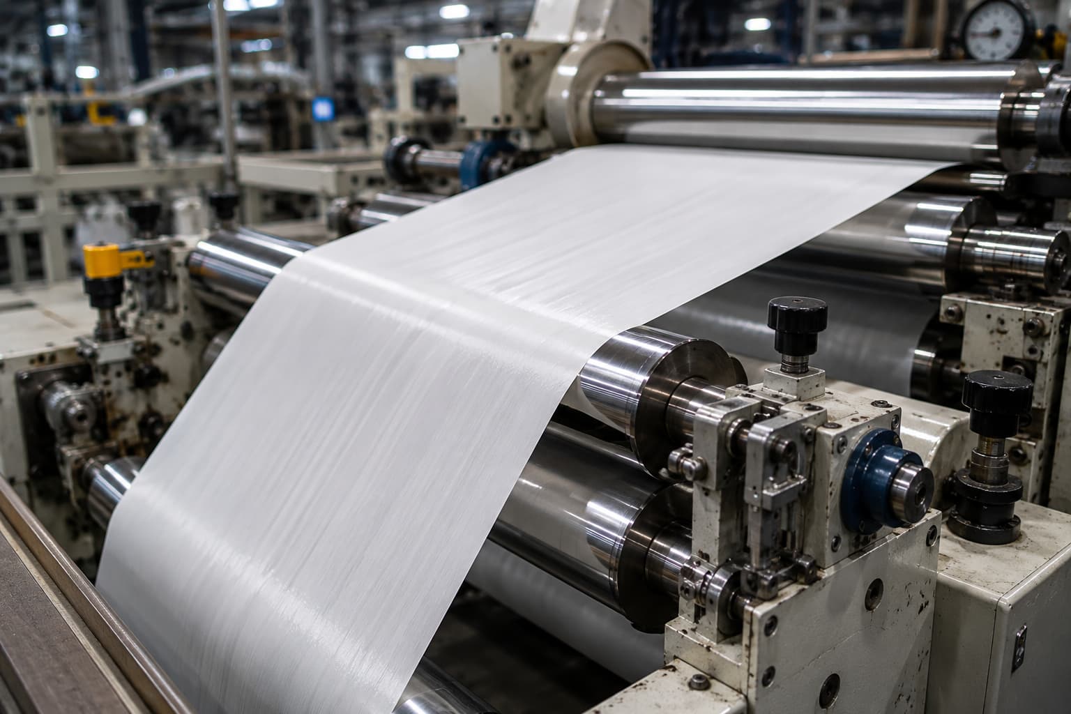 Industrial paper converting machinery processing release paper rolls for manufacturing applications.