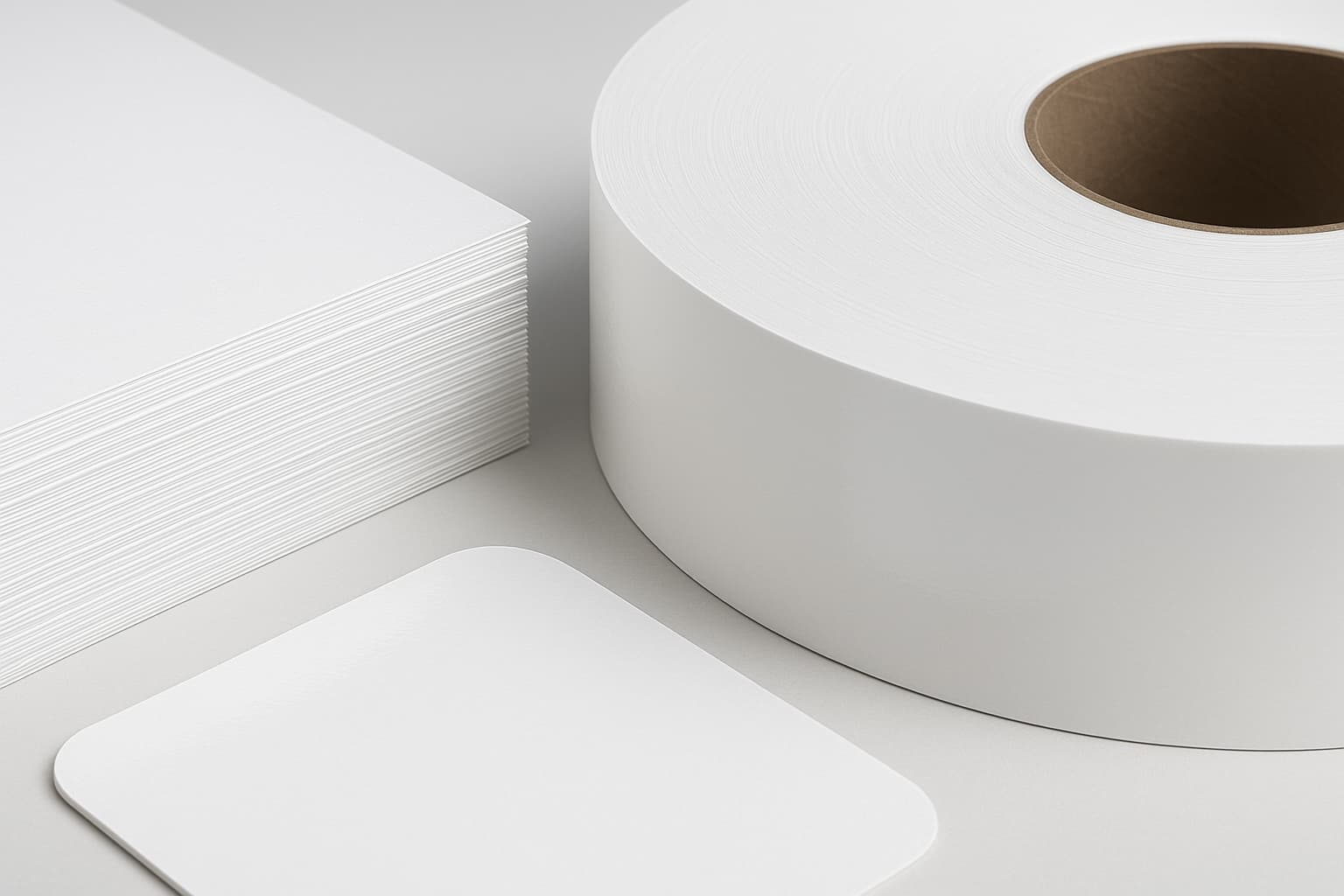 White coated paper displayed as a large roll, stacked sheets and a rectangular cut sheet.