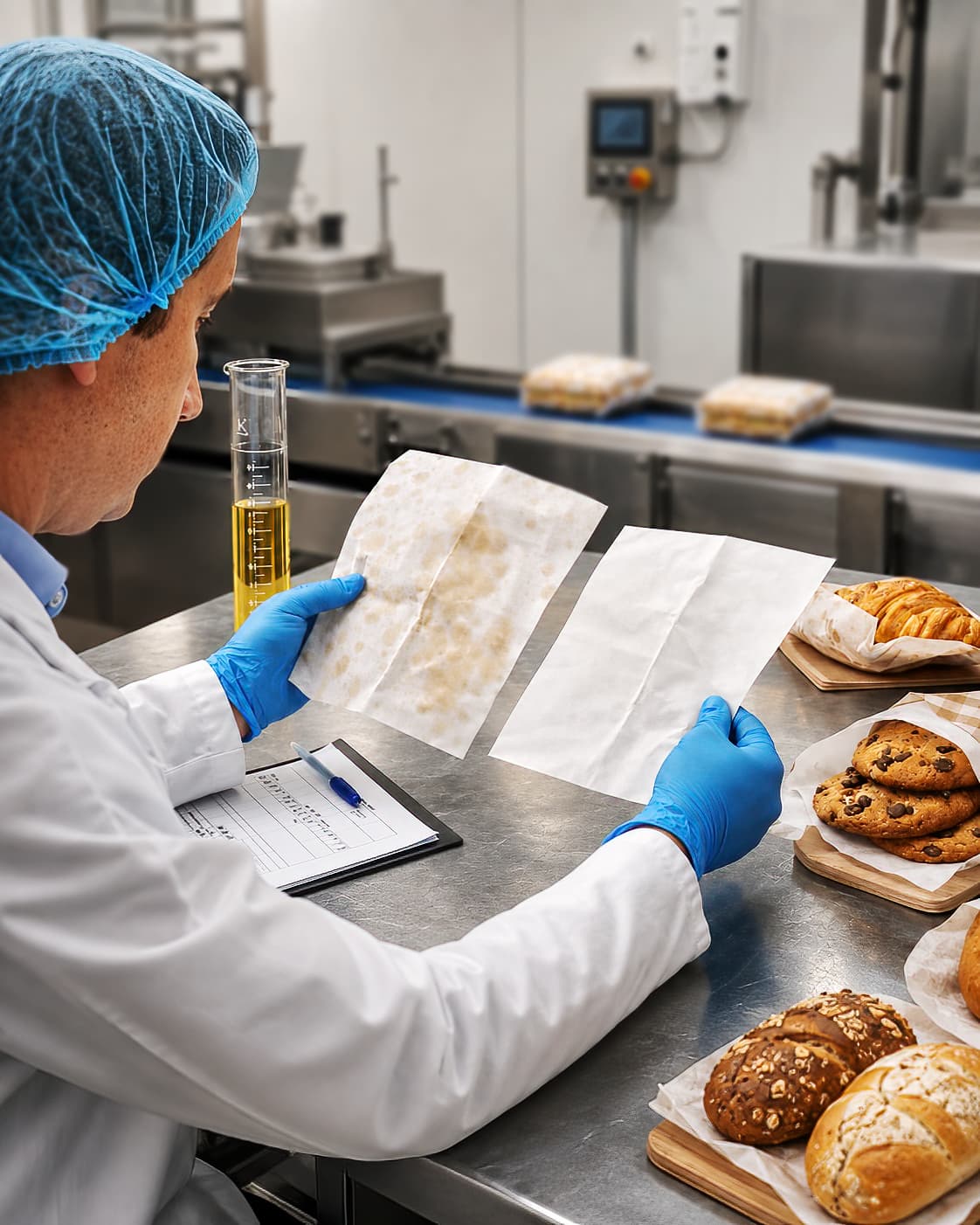 Case Studies - Food production technician comparing grease-stained and clean paper samples during quality-control testing beside baked goods.