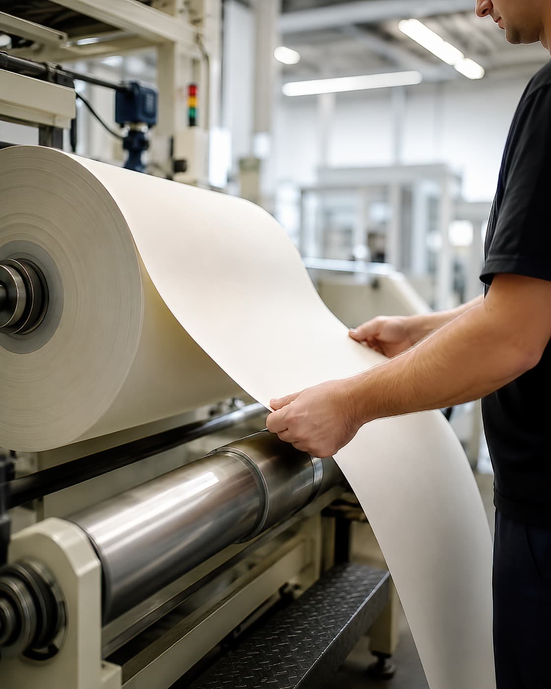 Worker guiding a large roll of specialist paper through industrial processing machinery during production.