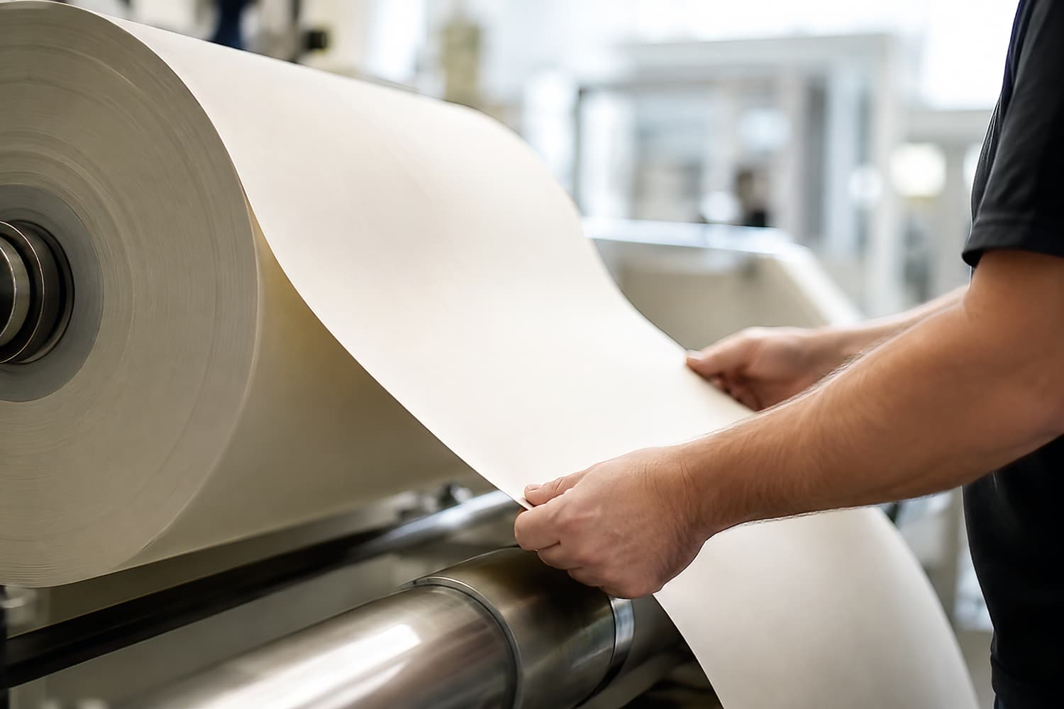 Industrial Coated papers - Production worker guiding a large roll of release paper through industrial rollers to maintain consistent quality and performance.