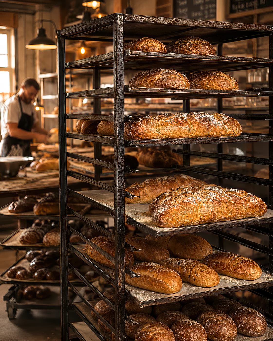 Racks filled with freshly baked artisan loaves in a warm bakery, with a baker working in the background.