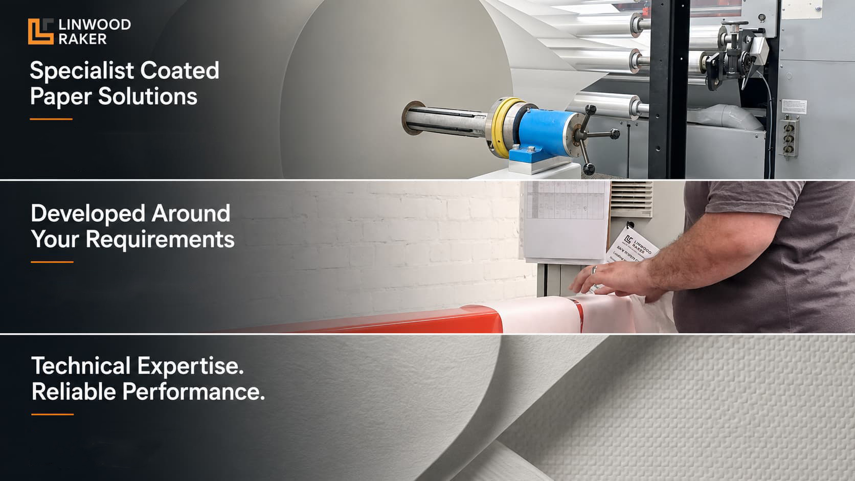 Linwood Raker banner showing coated paper production machinery, a technician converting paper and finished specialist paper materials.